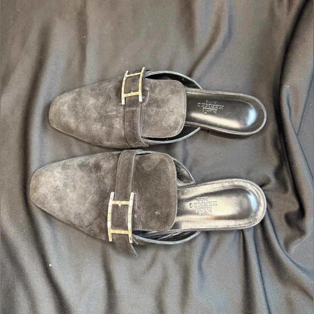 Hermes Black Suede leather Mules with silver Buckle